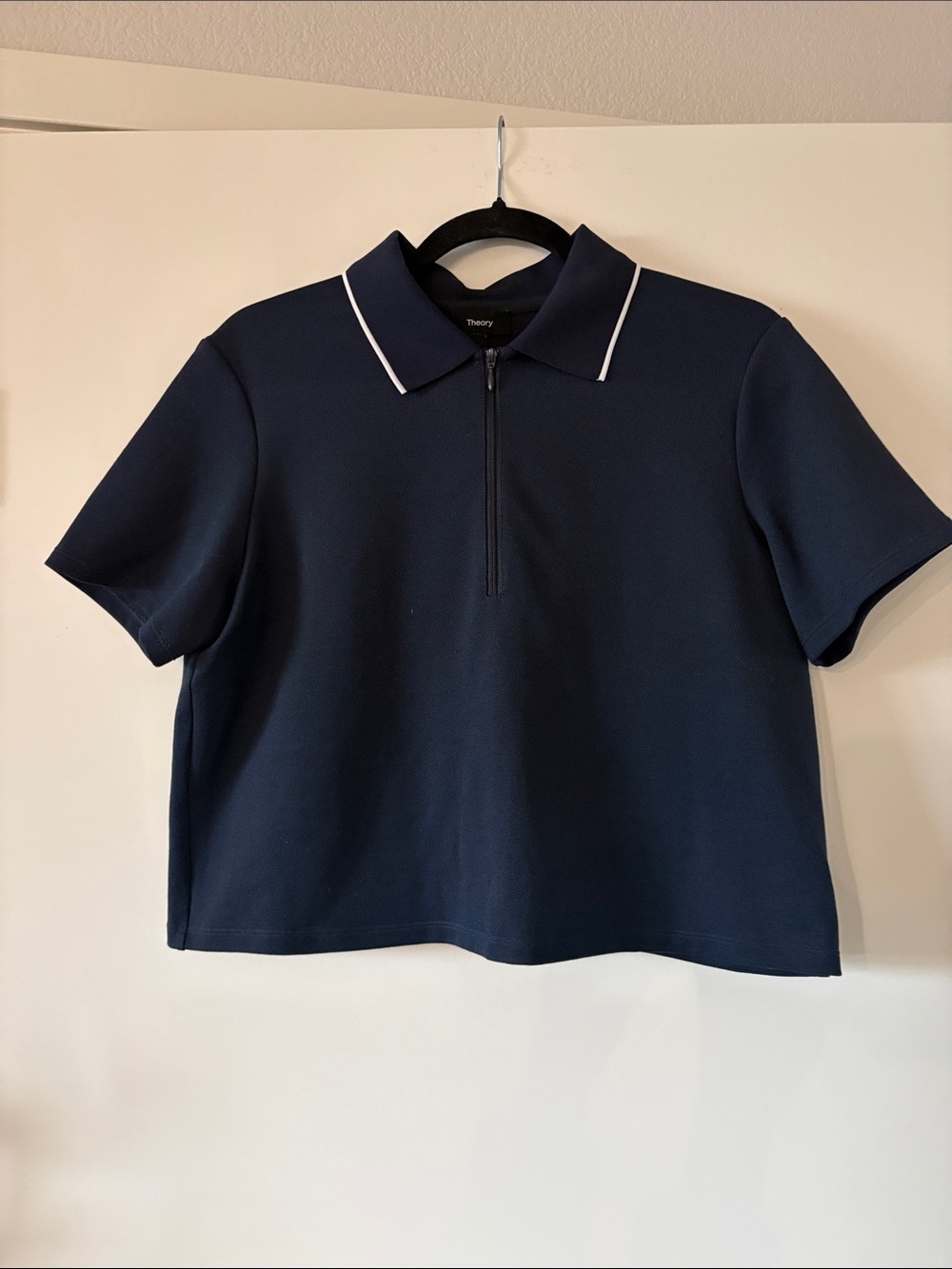 Theory Navy Short-Sleeve Zip Polo Crop Top with White Piping NWOT